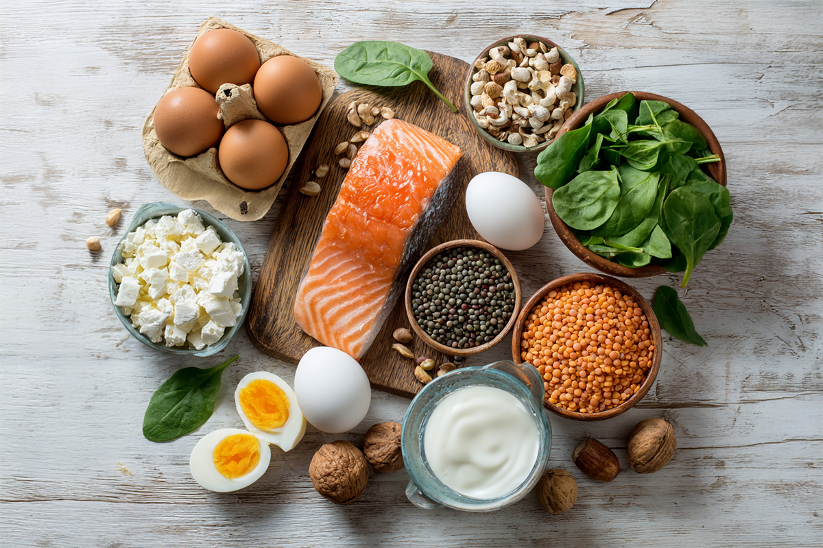 Proteinreiche Lebensmittel wie Lachs, Eier, Linsen, Feta, Joghurt, Nüsse und Spinat auf einem Holztisch