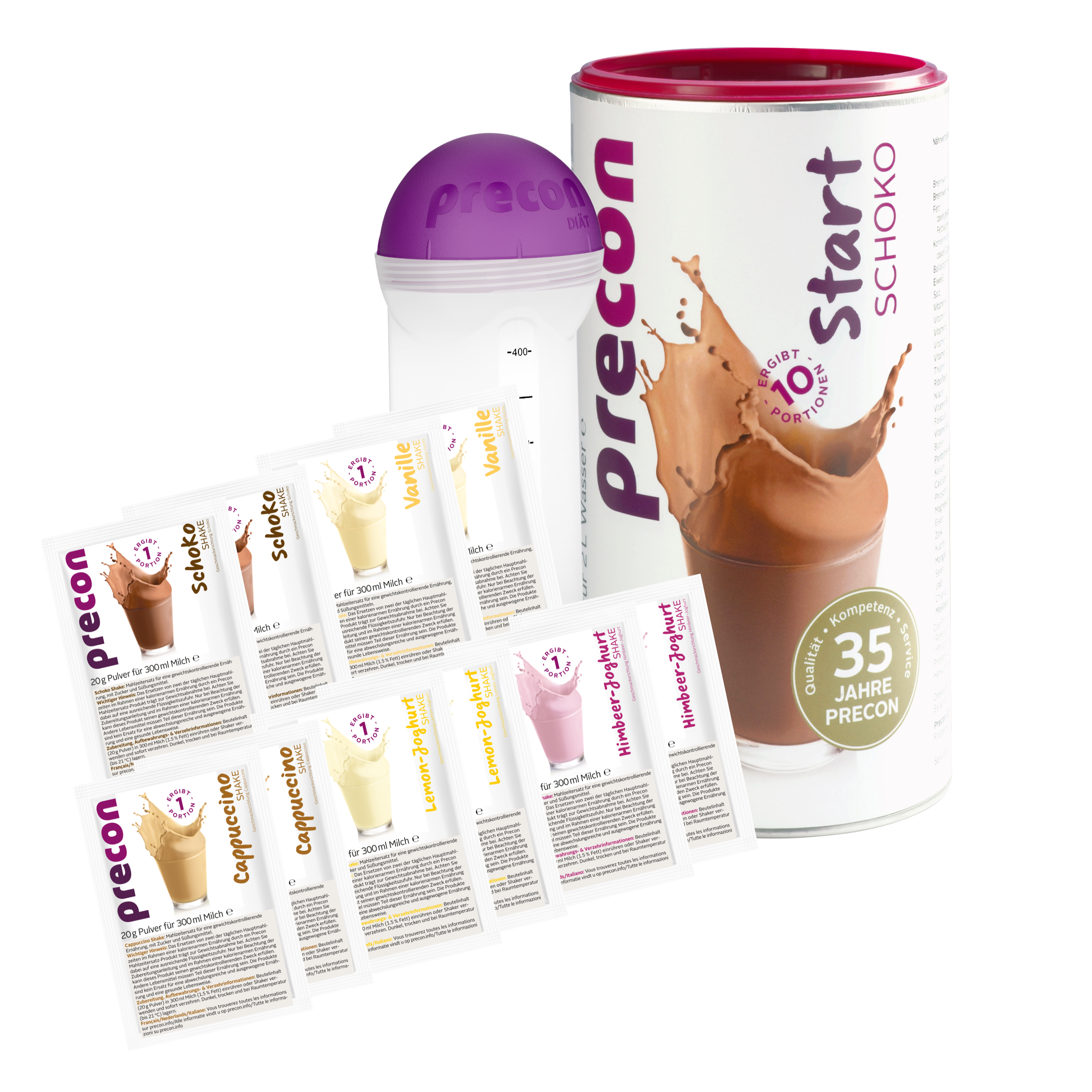 Das Set Precon Probierwoche EU (7 Tage) mit einem lilafarbenen Shaker mit Deckel und verschiedenen Einzelportions-Shakebeuteln ist auf weißem Hintergrund abgebildet - ideal für alle, die abnehmen wollen.