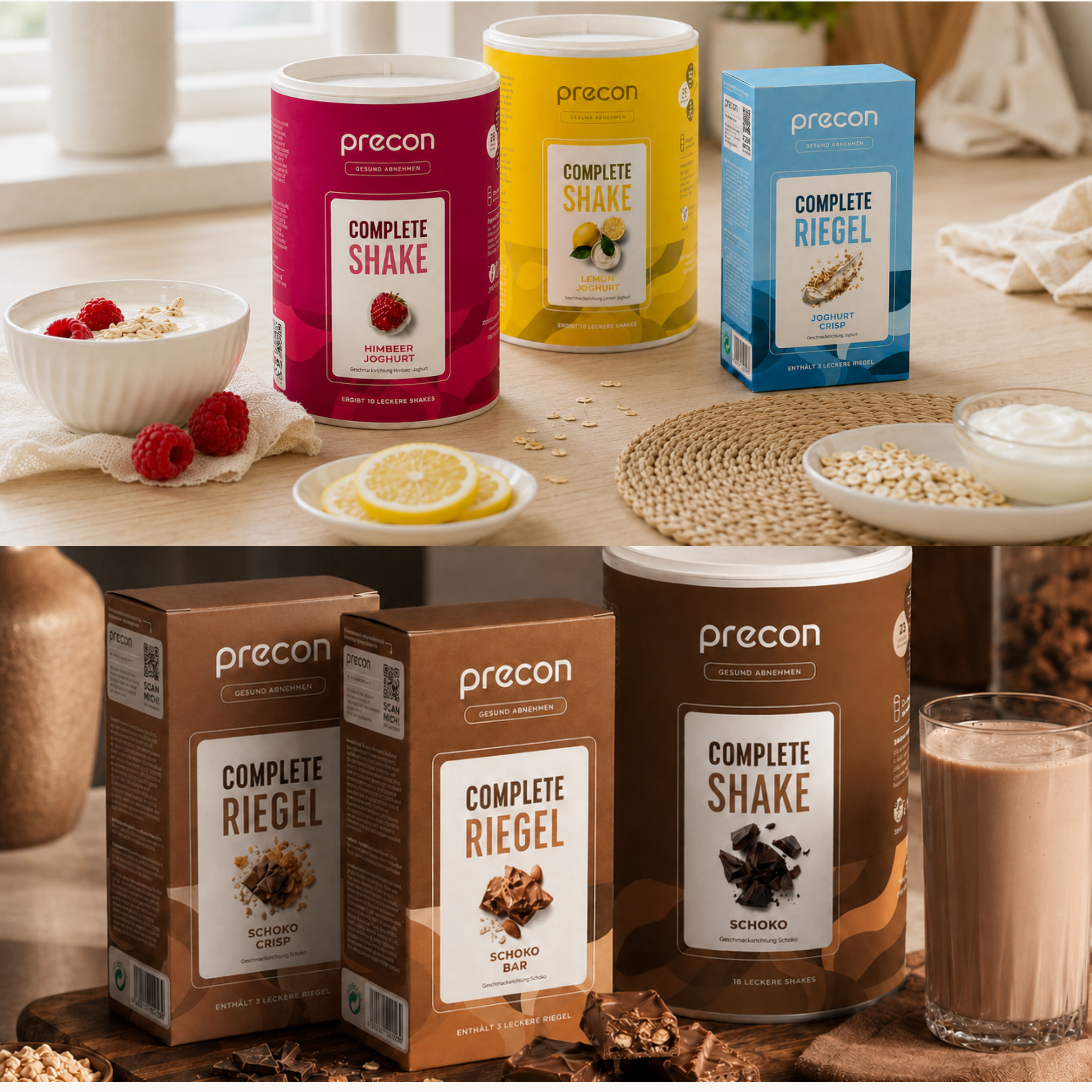 Auf zwei Regalen werden die Mahlzeitenersatzprodukte aus dem „4-Wochen-Paket“ von Precon präsentiert, darunter Shake-Behälter und Snackriegel in den Geschmacksrichtungen Erdbeer-Joghurt, Zitronen-Käsekuchen, Schokoladenstückchen und Schokolade, die neben frischen Zutaten und einem Glas frisch zubereitetem Shake ausgestellt sind.
