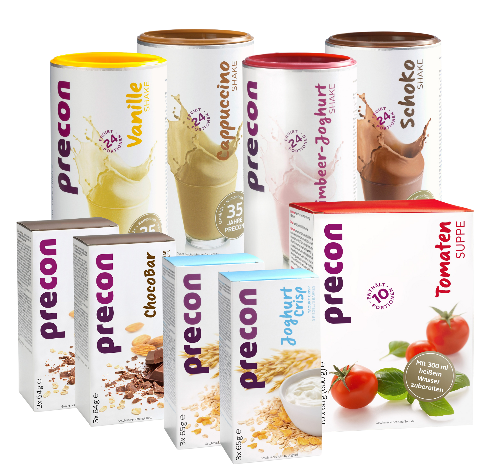Das Precon 2-Monats-Vorrats-Paket CH enthält Shakes und Müsli in den Geschmacksrichtungen Vanille, Cappuccino, Schokolade, Himbeer-Joghurt, Tropical Mango sowie Riegel - ideal für Ihre Precon Diät und Gewichtsabnahme.