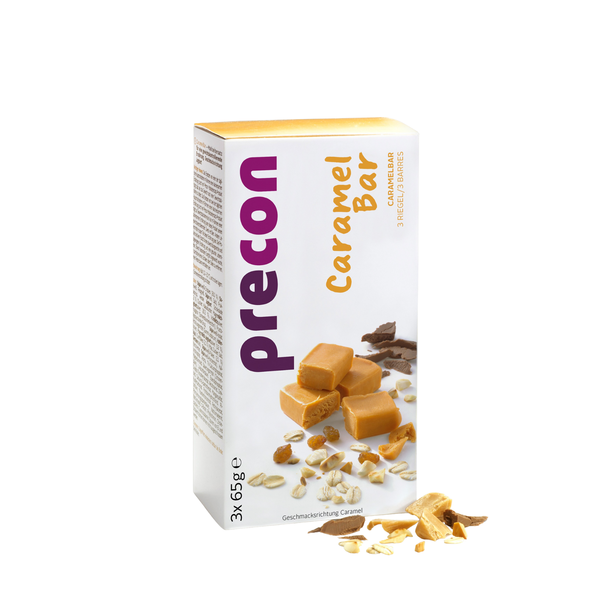 Eine Schachtel Precon CaramelBar Riegel zeigt auf der Verpackung Karamellstücke, Hafer und Schokolade. Auf der Vorderseite der Schachtel befinden sich drei zerbrochene Precon Mahlzeitenersatz Karamellriegel mit sichtbaren Haferflocken und Schokolade.
