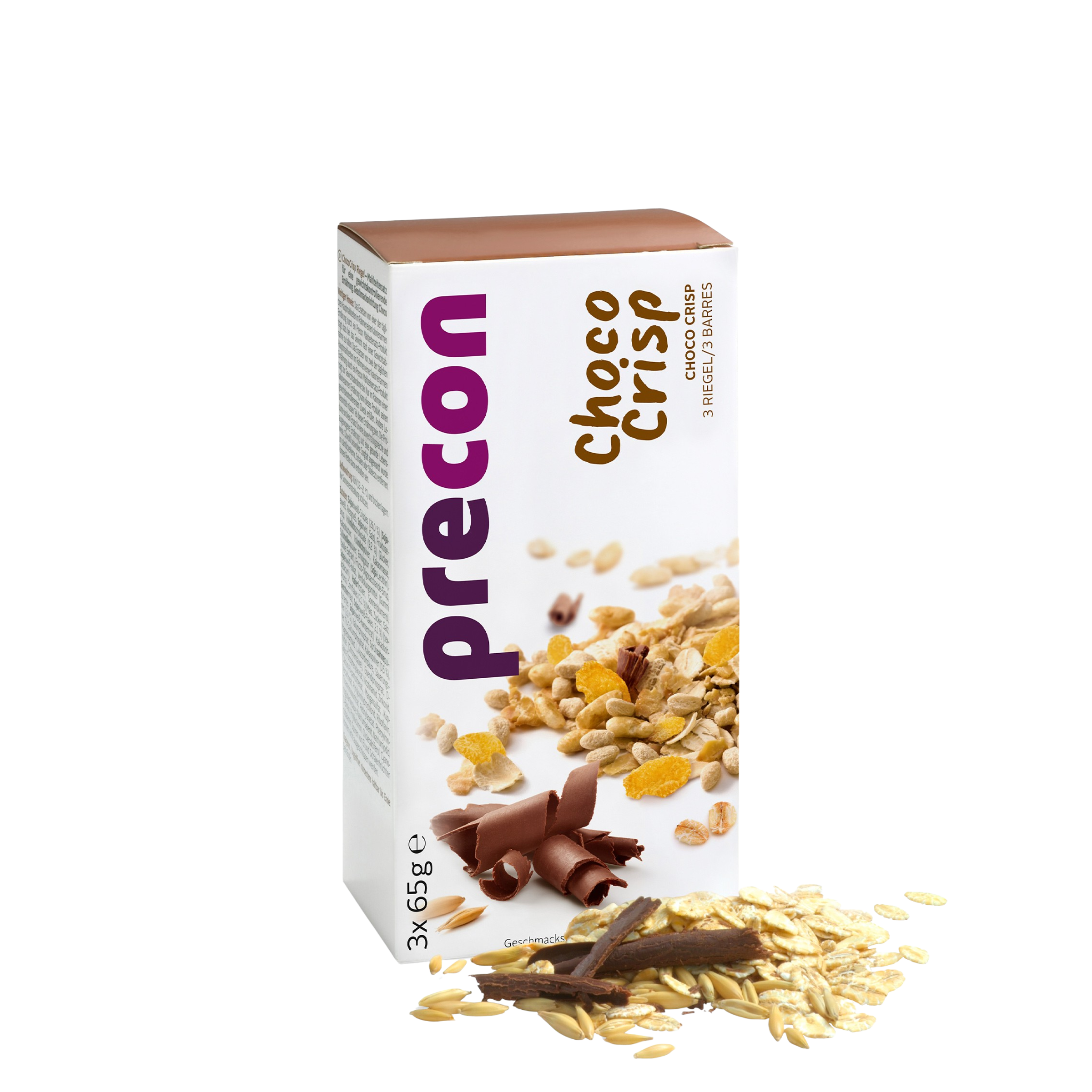 Ein Precon ChocoCrisp Riegel, perfekt als Mahlzeitersatz für eine Diät zur Gewichtsabnahme, wird vor weißer Verpackung mit lila und brauner Schrift sowie Abbildungen von Cerealien und Schokolade präsentiert.