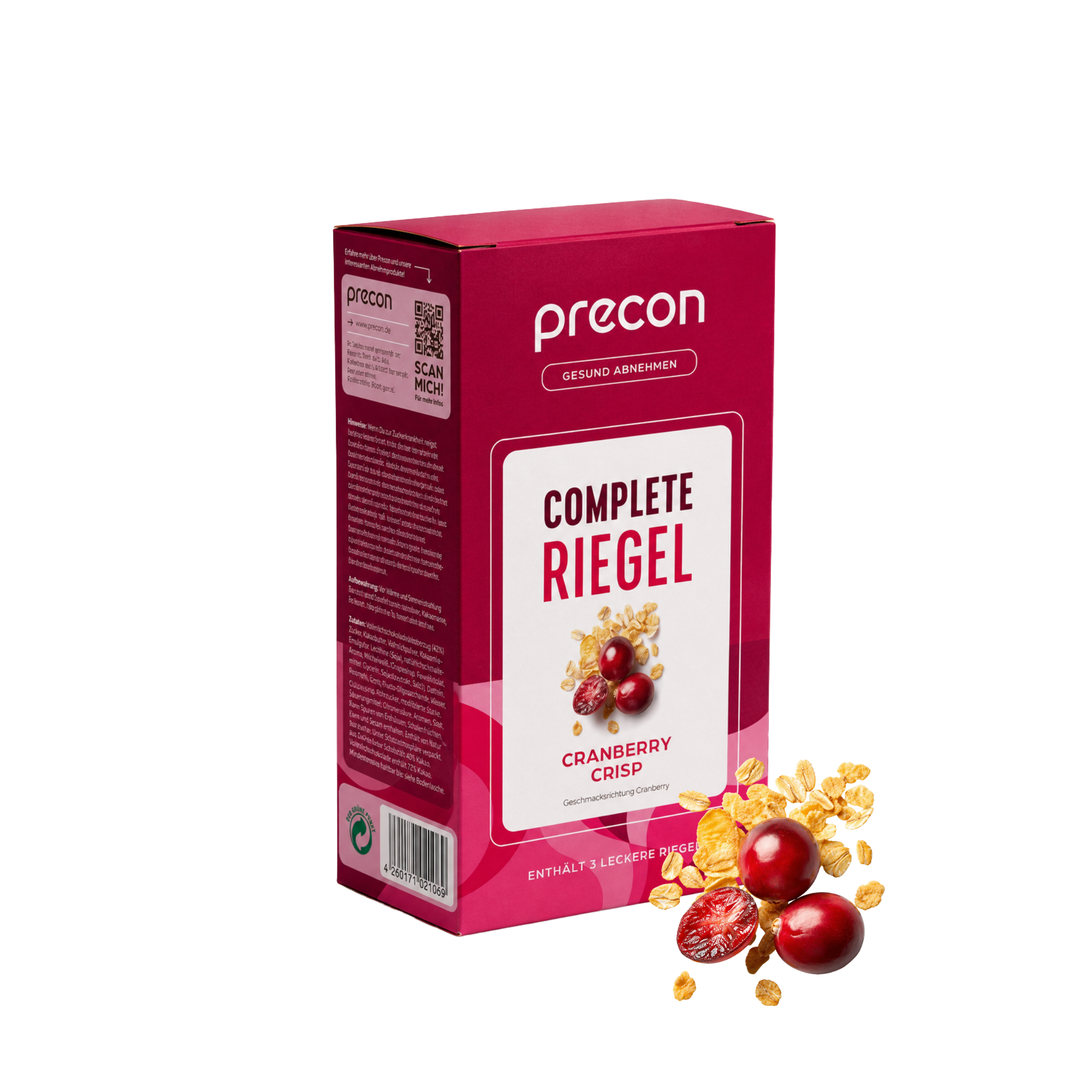 Eine Packung „Complete Riegel Cranberry Crisp“ der Anona GmbH ist abgebildet, wobei Cranberries und Getreideflocken vor der Verpackung auf weißem Hintergrund zu sehen sind.