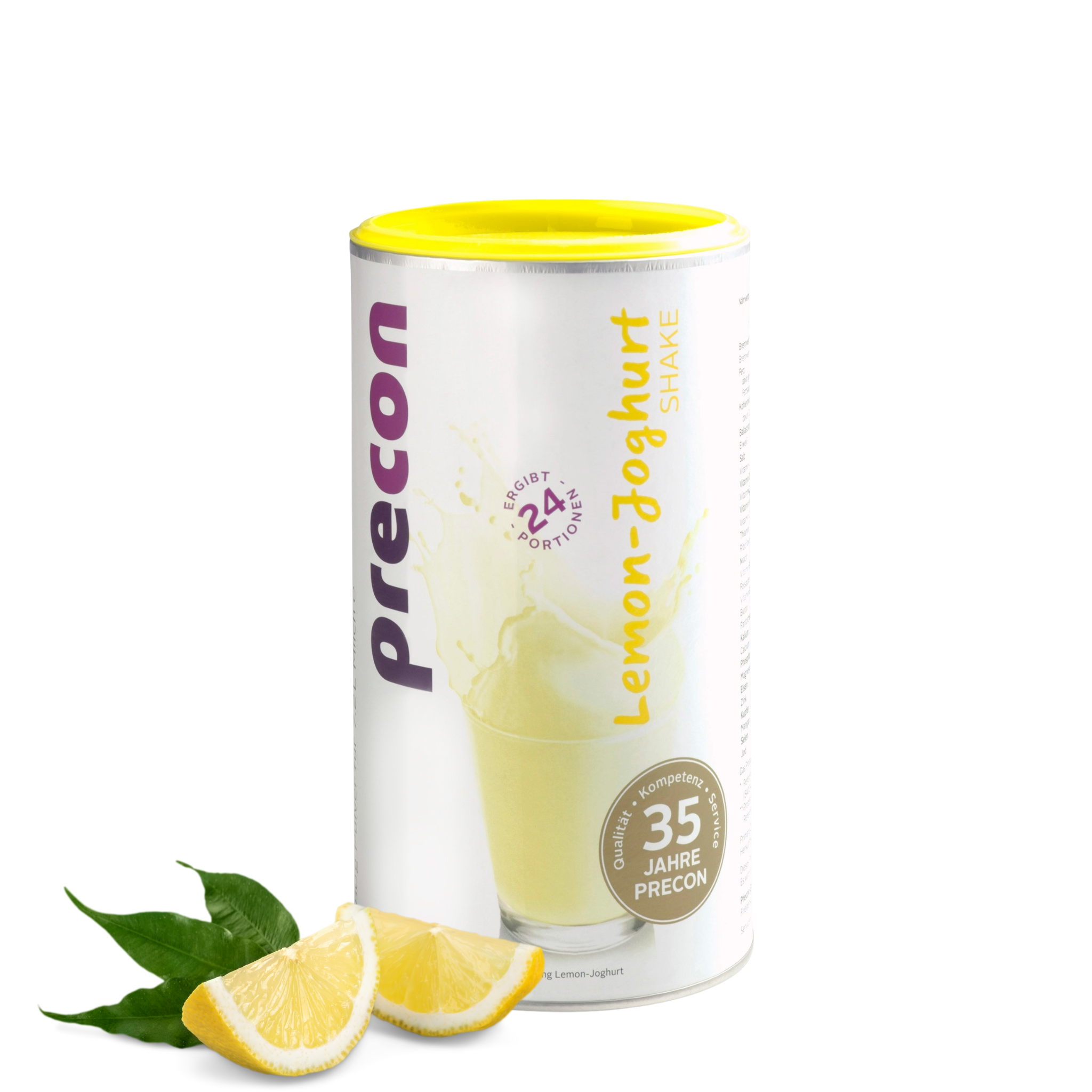 Ein Precon-Zitronen-Joghurt-Shake-Behälter mit gelbem Deckel steht aufrecht. Das Etikett zeigt einen Shake-Spritzer, lila und gelben Text und zwei Zitronenscheiben mit grünen Blättern davor.