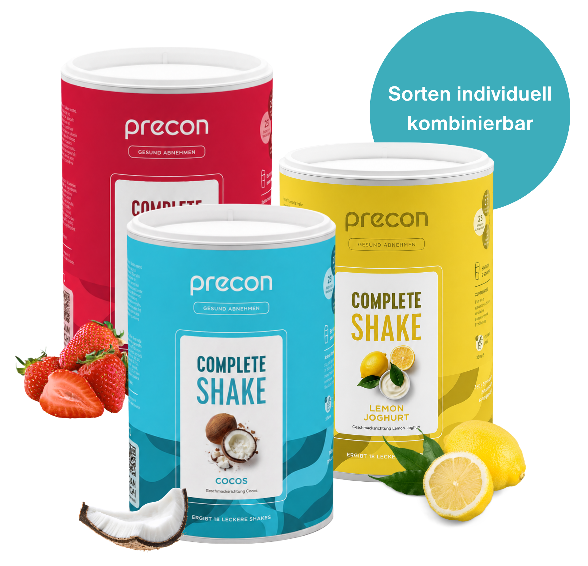 Drei bunte Becher aus dem Precon Mix & Match-Set mit Cocos (in den Geschmacksrichtungen Kokos, Erdbeere und Zitronenjoghurt) sind neben frischen Erdbeeren, einer Kokosscheibe und Zitronen ausgestellt; ein blauer Kreis hebt den Schriftzug „Sorten individuell kombinierbar“ hervor.