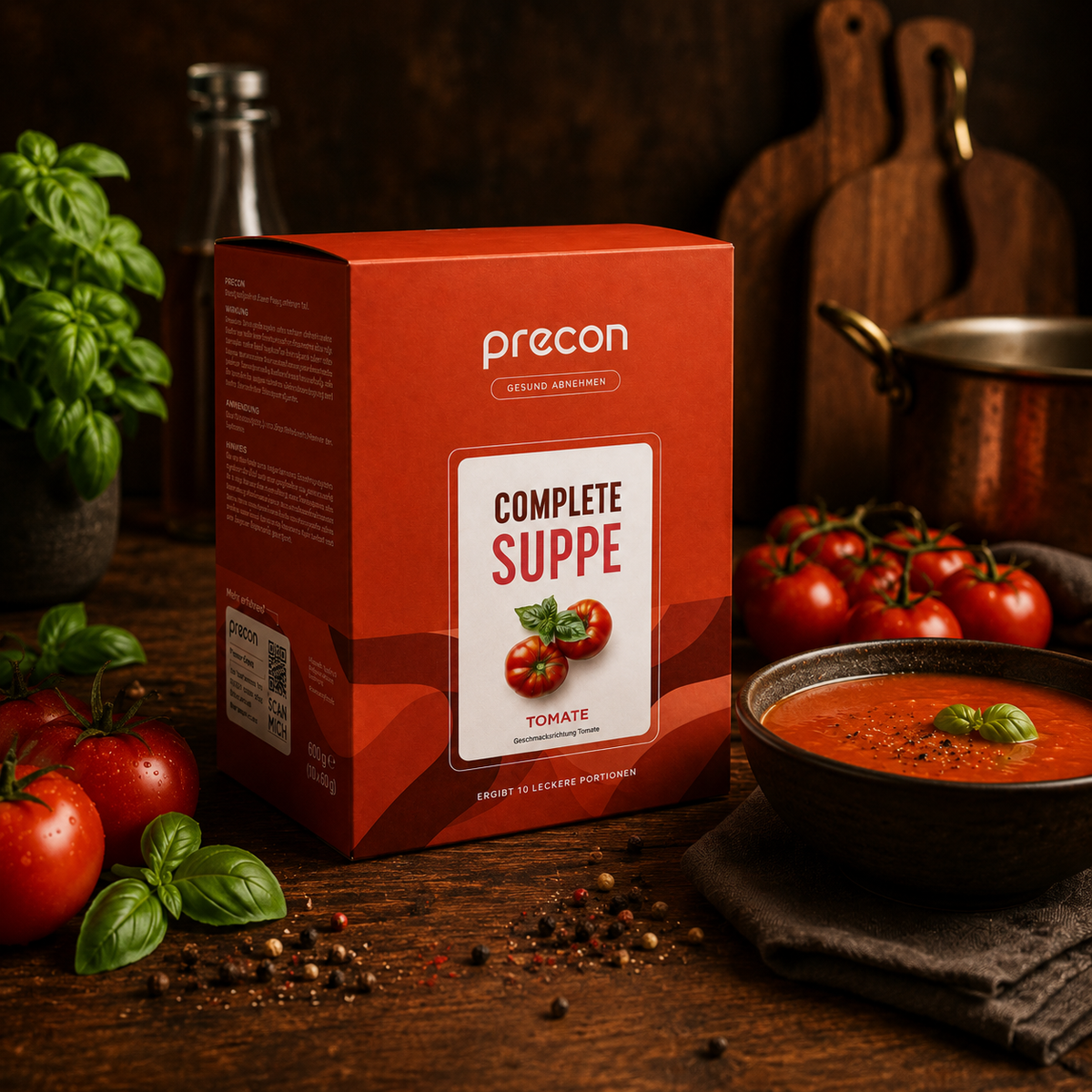 Auf einem Holztisch in rustikaler Umgebung ist eine Schachtel „Complete Suppe Tomate“ der Anona GmbH neben einer Schüssel Tomatensuppe, frischen Tomaten, Basilikum, Gewürzen und Küchenutensilien zu sehen.