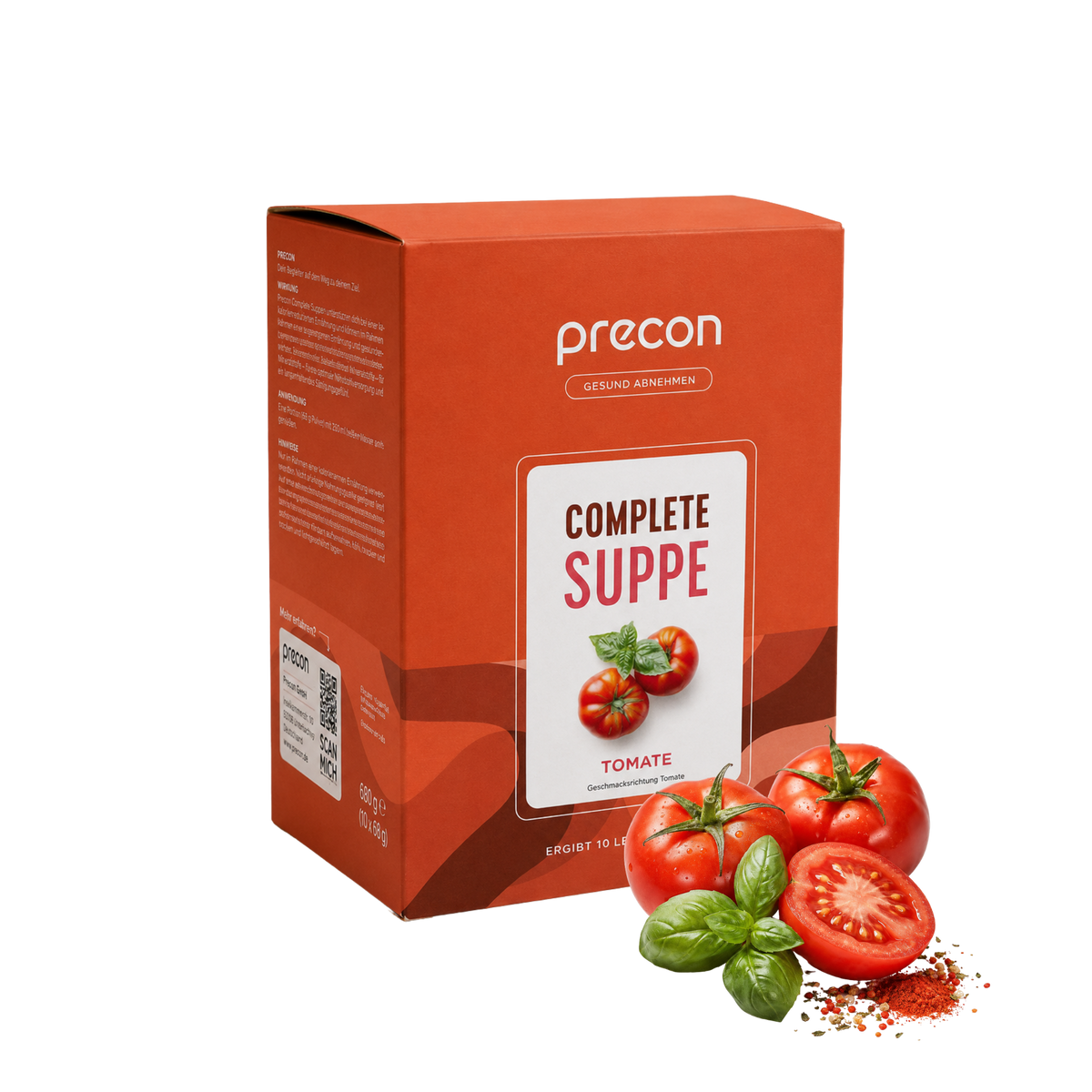Auf weißem Hintergrund ist eine rote Verpackung der „Complete Suppe Tomate“ von Anona GmbH neben frischen Tomaten, Basilikumblättern und Tomatenpulver abgebildet.