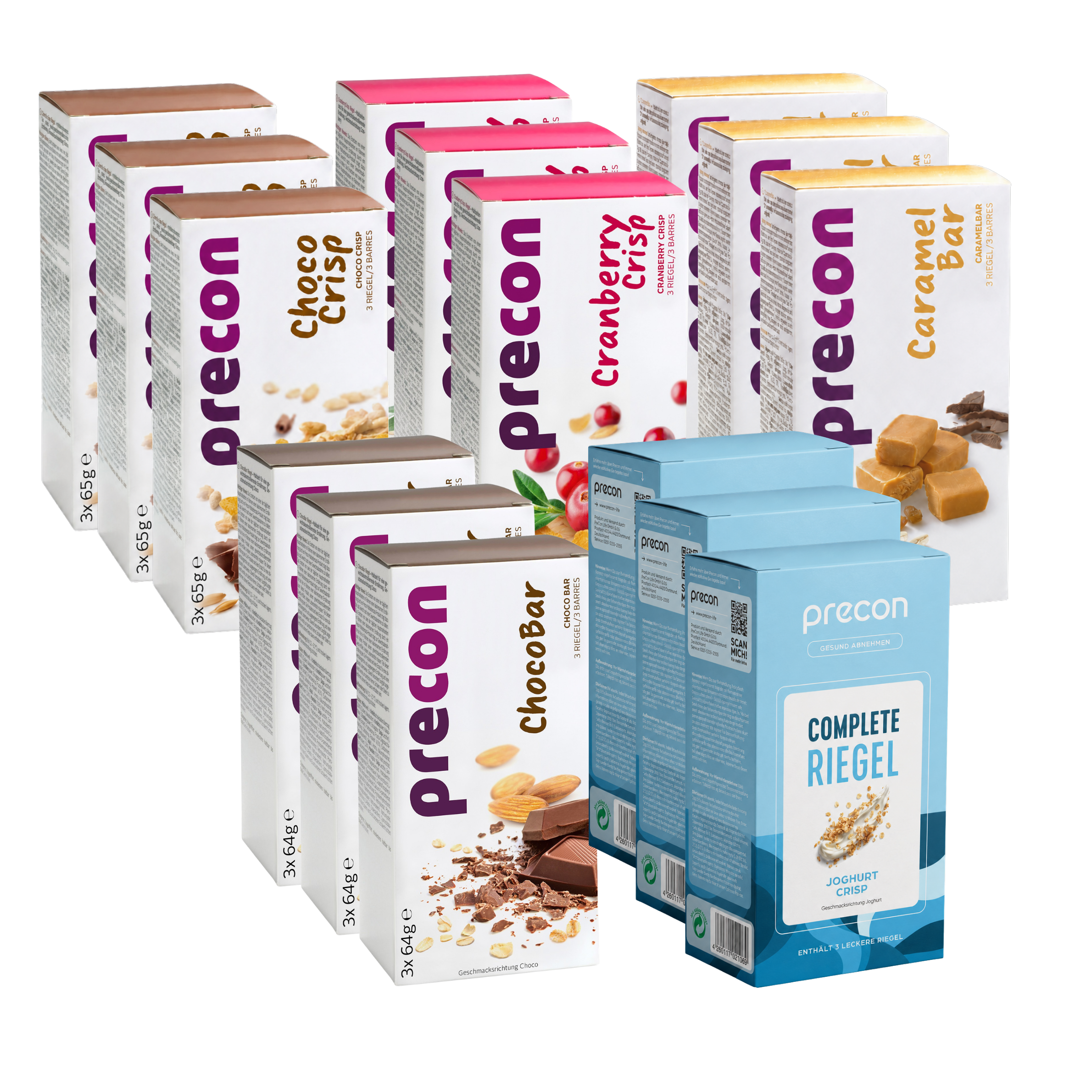 Neun Schachteln mit „Precon Riegel-Vorrats-Paket CH“-Riegeln in verschiedenen Geschmacksrichtungen, darunter „Choco Crisps“, „Cranberry Crisps“, „Caramel Bar“ und „ChocoBar“, wobei vorne zwei blaue Schachteln mit der Aufschrift „Complete Riegel“ stehen.