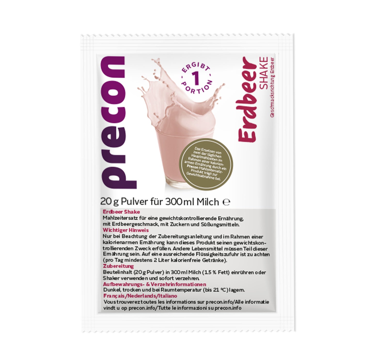 Abgebildet ist ein Einzelportionsbeutel mit „Precon Paket: Erdbeer-Shake-Pulver“, auf dessen Vorderseite ein Glas mit einem Spritzer rosa Erdbeer-Shake zu sehen ist. Die Verpackung ist auf Deutsch beschriftet und enthält Angaben zur Anwendung und zu den Inhaltsstoffen; dabei wird die Funktion als Mahlzeitersatz zur Unterstützung der Gewichtsabnahme hervorgehoben.