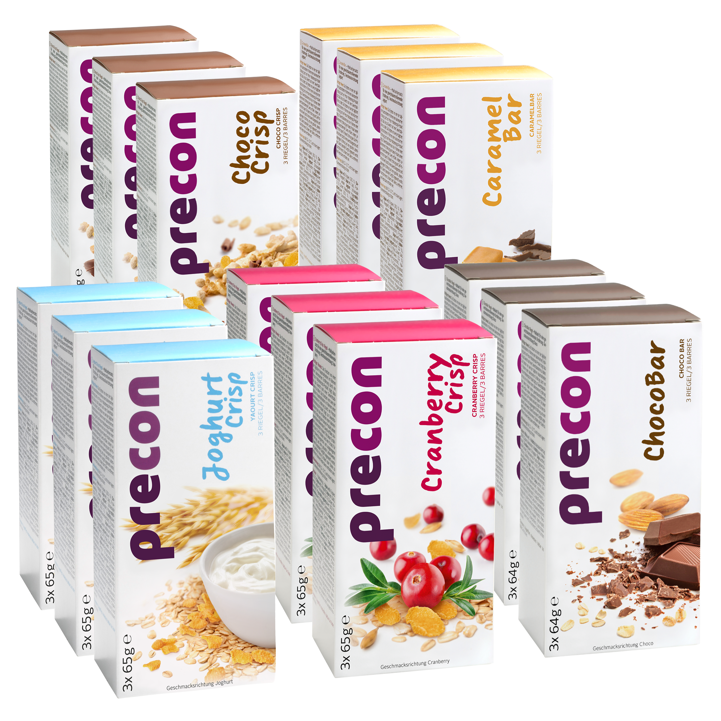 Precon Riegel-Vorrats-Paket CH: Mahlzeitenersatz-Riegel in den Geschmacksrichtungen Choco Crisp, Caramel Bar, Joghurt Crisp, Cranberry Crisp & ChocoBar in drei Reihen auf hellem Hintergrund.