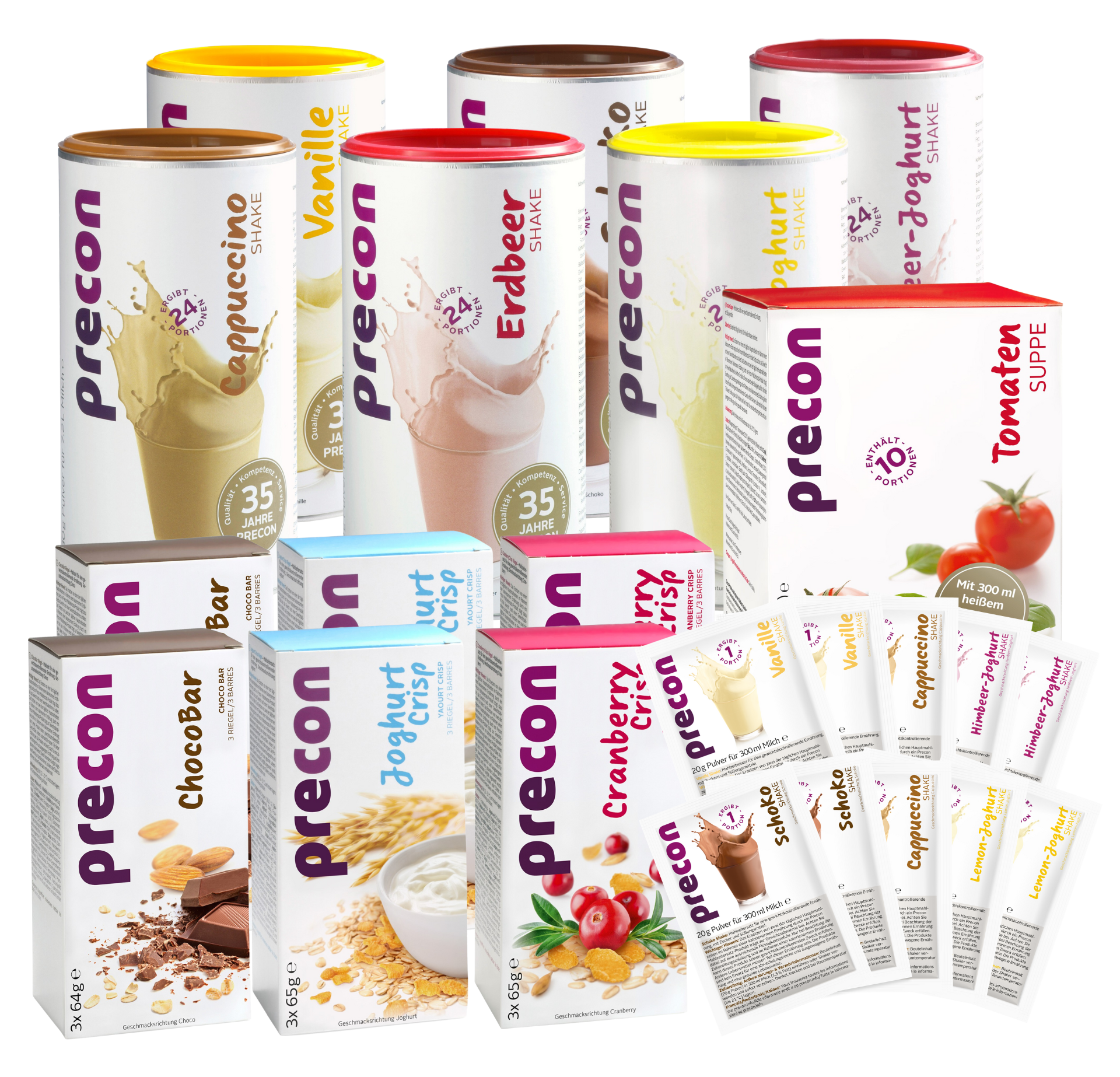 Das Precon 3-Monats-Mega-Vorrats-Paket CH enthält acht Mahlzeitenersatz-Shake-Behälter in verschiedenen Geschmacksrichtungen, drei Snackriegel-Boxen (Cranberry Crisp, ChocoBar, Caramel Crisp) und einzelne Beutel für ein effektives Gewichtsmanagement auf weißem Hintergrund.