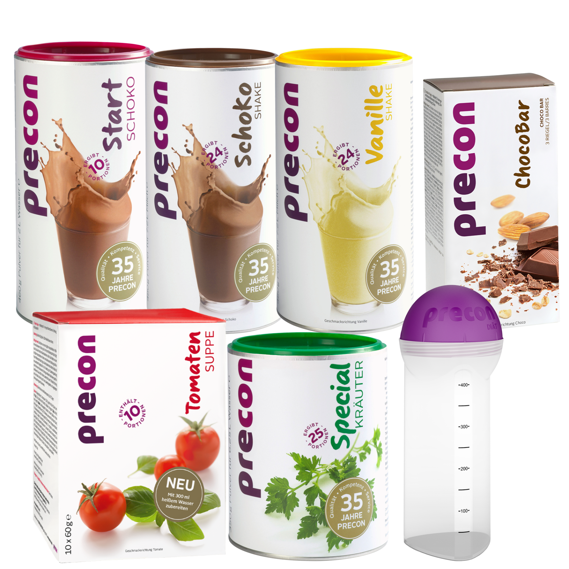 Das Precon 1-Monats-Startpaket EU (ohne Handbuch) enthält drei Shake-Dosen (Schokolade, Vanille, Erdbeere), eine ChocoBar-Box, zwei Suppenboxen (Tomate, Kräuter) und einen klaren Shaker mit violettem Deckel - ideal zum Abnehmen.