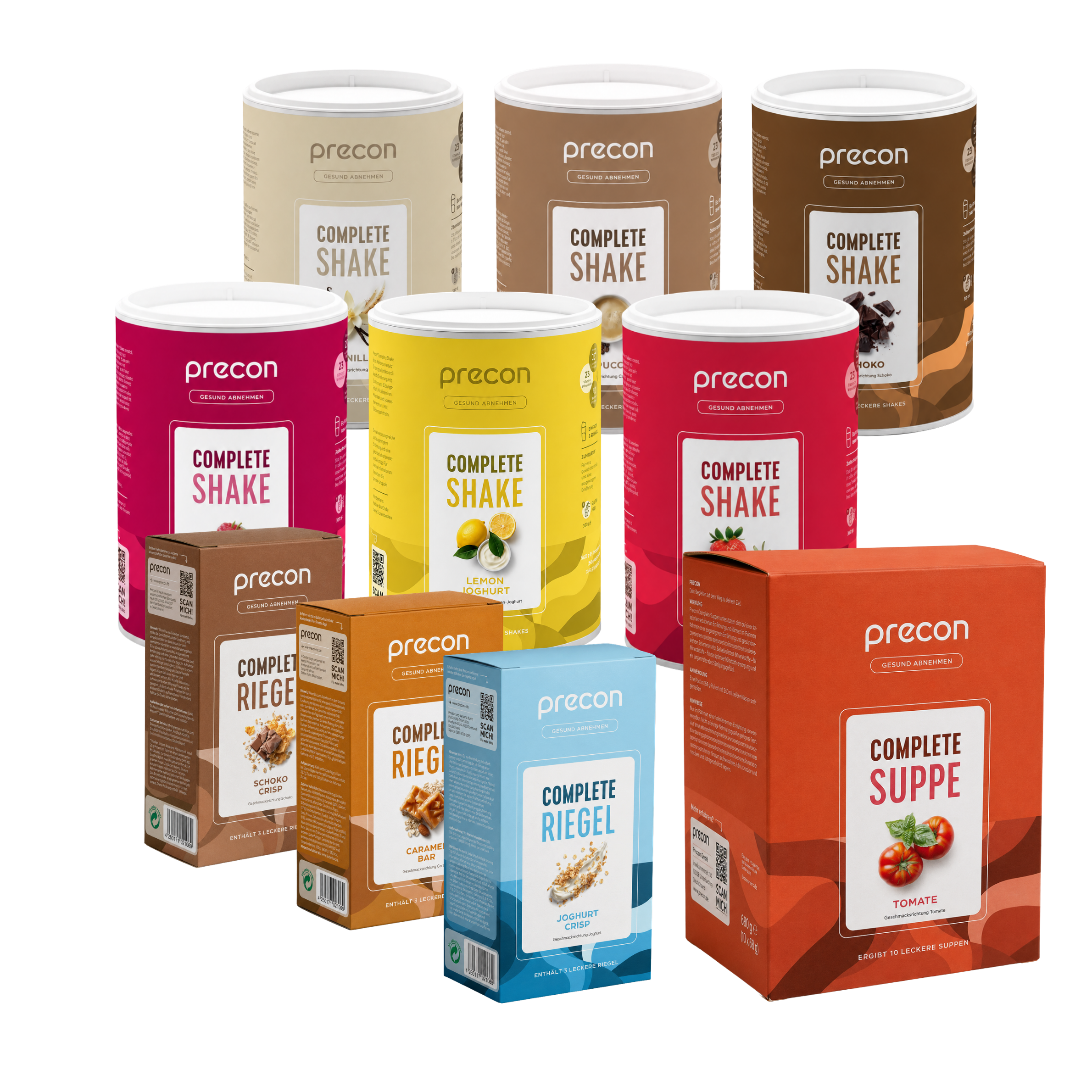 Das Precon 2-Monats-Vorrats-Paket enthält neun Mahlzeitenersatzprodukte – darunter verschiedene Dosen mit Shake-Pulver, zwei Packungen Riegel, eine Packung Proteinriegel und eine Packung Tomatensuppe –, die alle von Precon stammen und vor einem weißen Hintergrund angeordnet sind. Dieses Paket ist die ideale Wahl für Ihre Precon-Diät und Gewichtsabnahme.