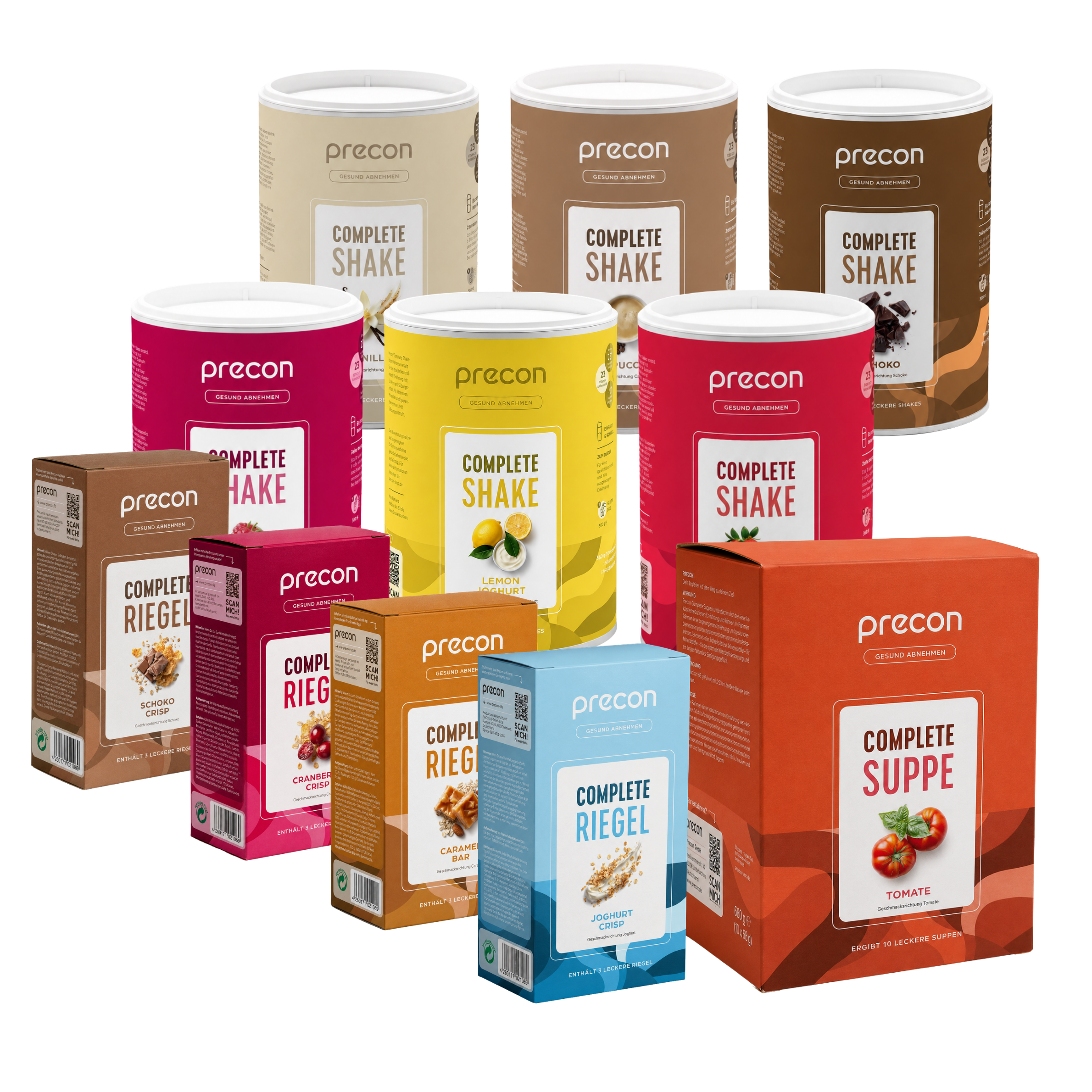 Eine Auswahl an Produkten aus dem „Precon 2-Monats-Vorrats-Paket“ – darunter verschiedene Mahlzeitenersatz-Shakes, Riegel und eine Packung Tomatensuppe – ist vor einem weißen Hintergrund arrangiert und eignet sich somit ideal als Begleiter auf Ihrem Weg zur Gewichtsabnahme.