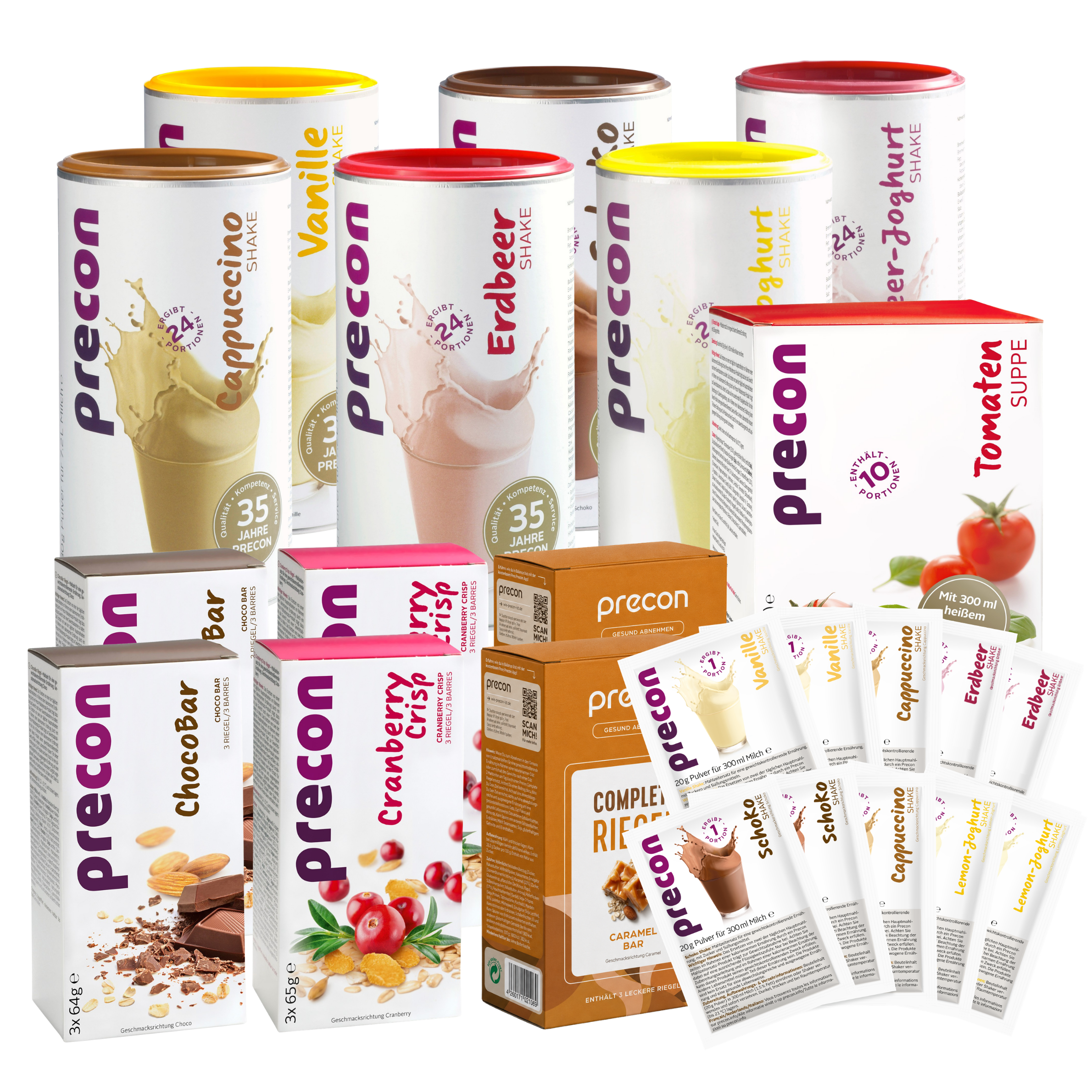 Das „Precon 3-Monats-Mega-Vorrats-Paket“ mit Shake-Dosen in verschiedenen Geschmacksrichtungen, Riegeln, Suppen und Mahlzeitenersatz-Beuteln ist in Reihen vor einem weißen Hintergrund ausgestellt.