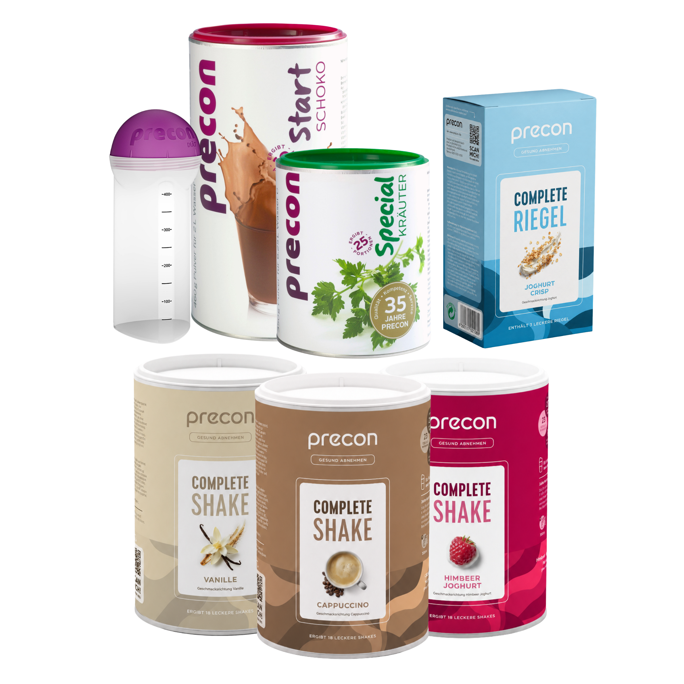 Auf einem weißen Hintergrund sind verschiedene Precon-Produkte aus dem „1-Monats-Startpaket EU“ angeordnet, darunter Dosen mit Proteinshakes in verschiedenen Geschmacksrichtungen, eine durchsichtige Shaker-Flasche mit violettem Deckel und eine blaue Schachtel mit Mahlzeitenersatzriegeln.