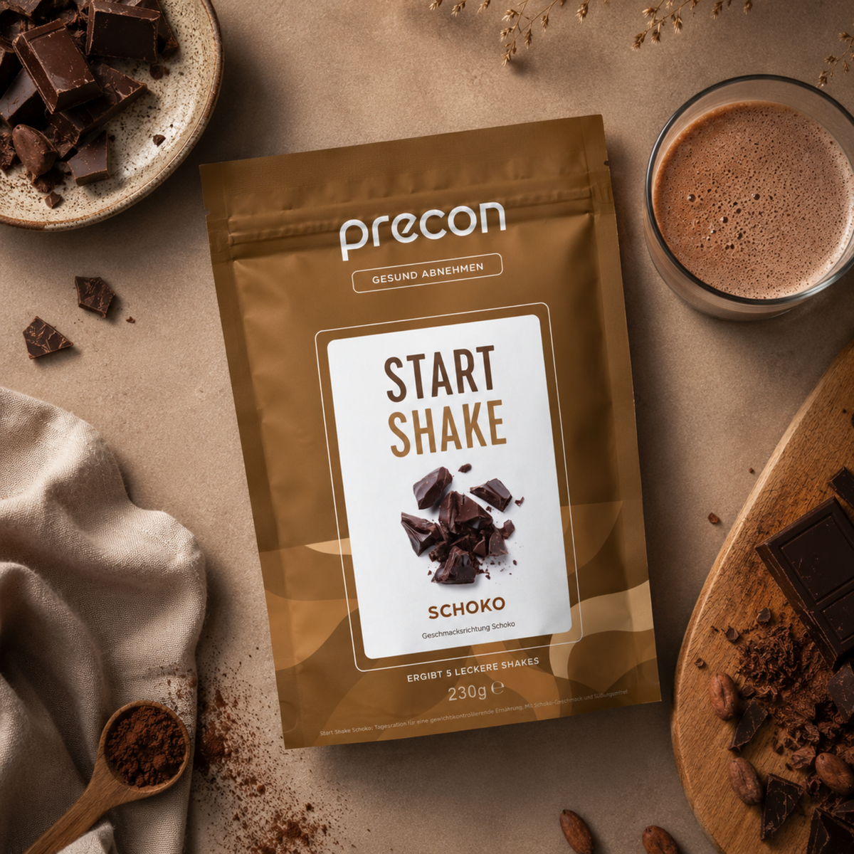 Auf einem Tisch steht ein „Start Shake Schoko“-Beutel der Anona GmbH neben einem Glas Schokoladenshake, mehreren Schokoladenstücken und Kakaobohnen; alles ist auf einer braunen Unterlage mit einer Stoffserviette angerichtet.