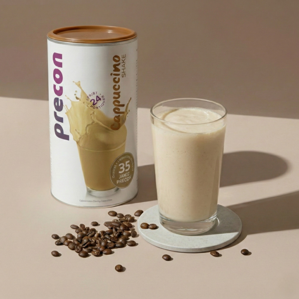 Ein Glas Anona GmbH Cappuccino Shake steht auf einem Untersetzer neben einer Dose mit der Aufschrift Cappuccino Shake, in deren Nähe Kaffeebohnen auf einer beigen Fläche verstreut sind.