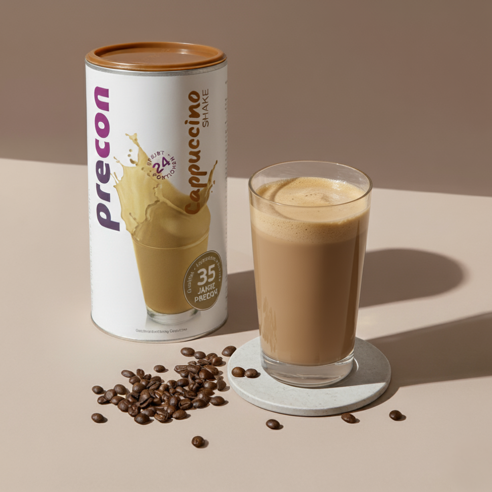 Ein Glas Precon Cappuccino Shake steht auf einem Untersetzer neben einem Kanister mit der Aufschrift "Cappuccino Shake". Auf der hellbeigen Oberfläche sind Kaffeebohnen verstreut, was die Rolle dieses Shakes als Mahlzeitenersatz unterstreicht.
