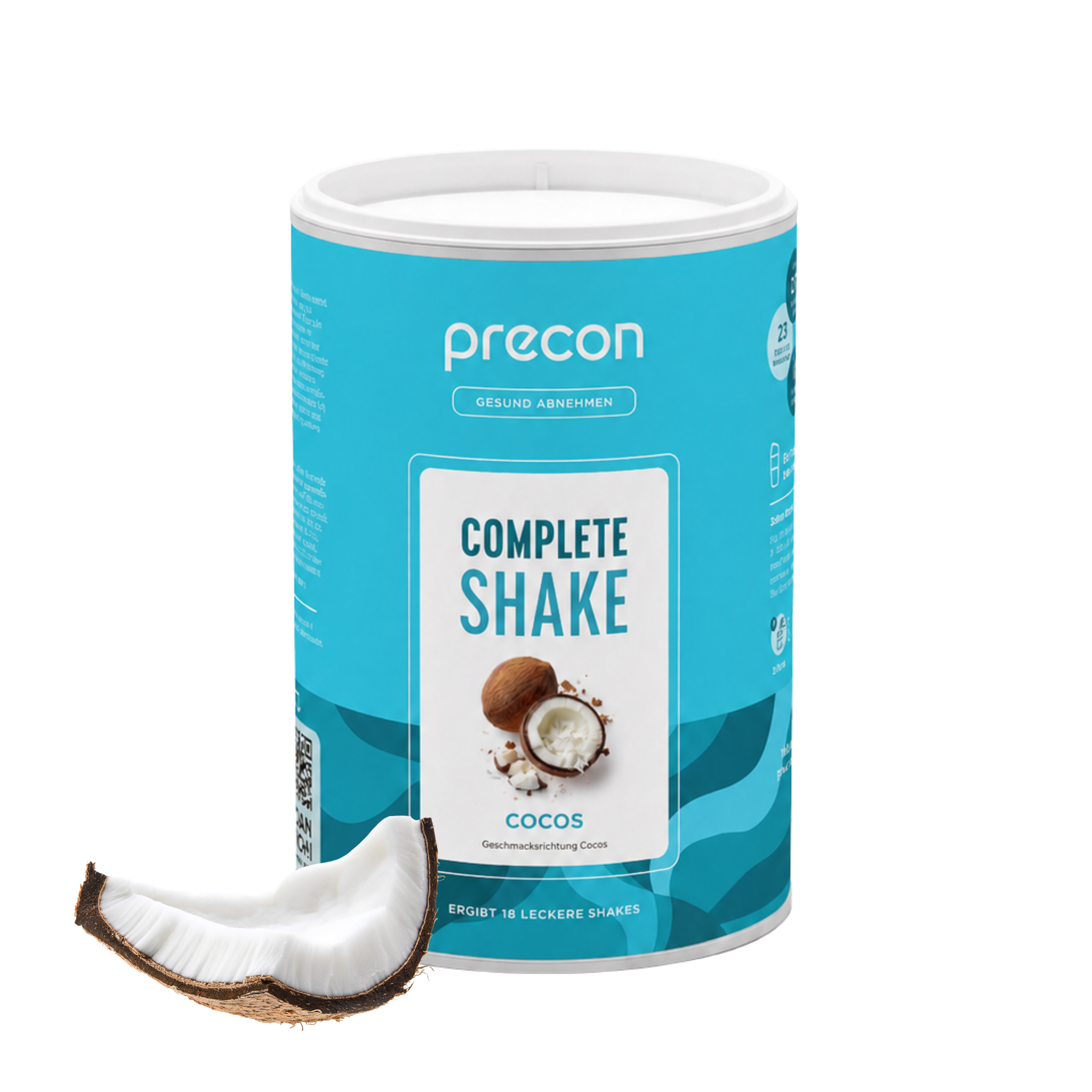 Ein blauer Behälter mit „Precon Complete Shake Cocos“ steht aufrecht, davor liegt ein Stück Kokosnuss. Auf dem Etikett ist ein Kokosnuss-Motiv zusammen mit Produktinformationen abgebildet.