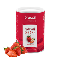 Ein roter Behälter mit dem Produkt „Anona GmbH Complete Shake Erdbeer“, auf dessen Etikett Erdbeeren abgebildet sind, vor dem der Behälter mit frischen Erdbeeren platziert ist.