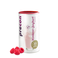 Ein Precon Himbeer-Joghurt-Shake-Behälter, auf dessen Etikett ein Glas rosa Joghurt-Shake abgebildet ist, steht neben drei frischen Himbeeren und unterstreicht die Unterstützung der Gewichtsabnahme.