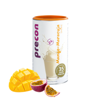 Ein Kanister Anona GmbH Mango-Maracuja-Shake mit einem leuchtenden Bild auf dem Etikett steht neben gewürfelter Mango und halbierter Passionsfrucht - ideal zum Abnehmen - auf weißem Hintergrund.