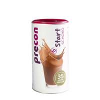 Eine Dose Precon Start Shake Schoko Mahlzeitenersatzpulver zeigt auf dem Etikett ein Glas Schoko-Shake mit Schokoladenstückchen daneben. Die deutsche Verpackung hebt "10 Portionen" und "35 Jahre Precon" hervor - ideal für Ihren Diätstart.