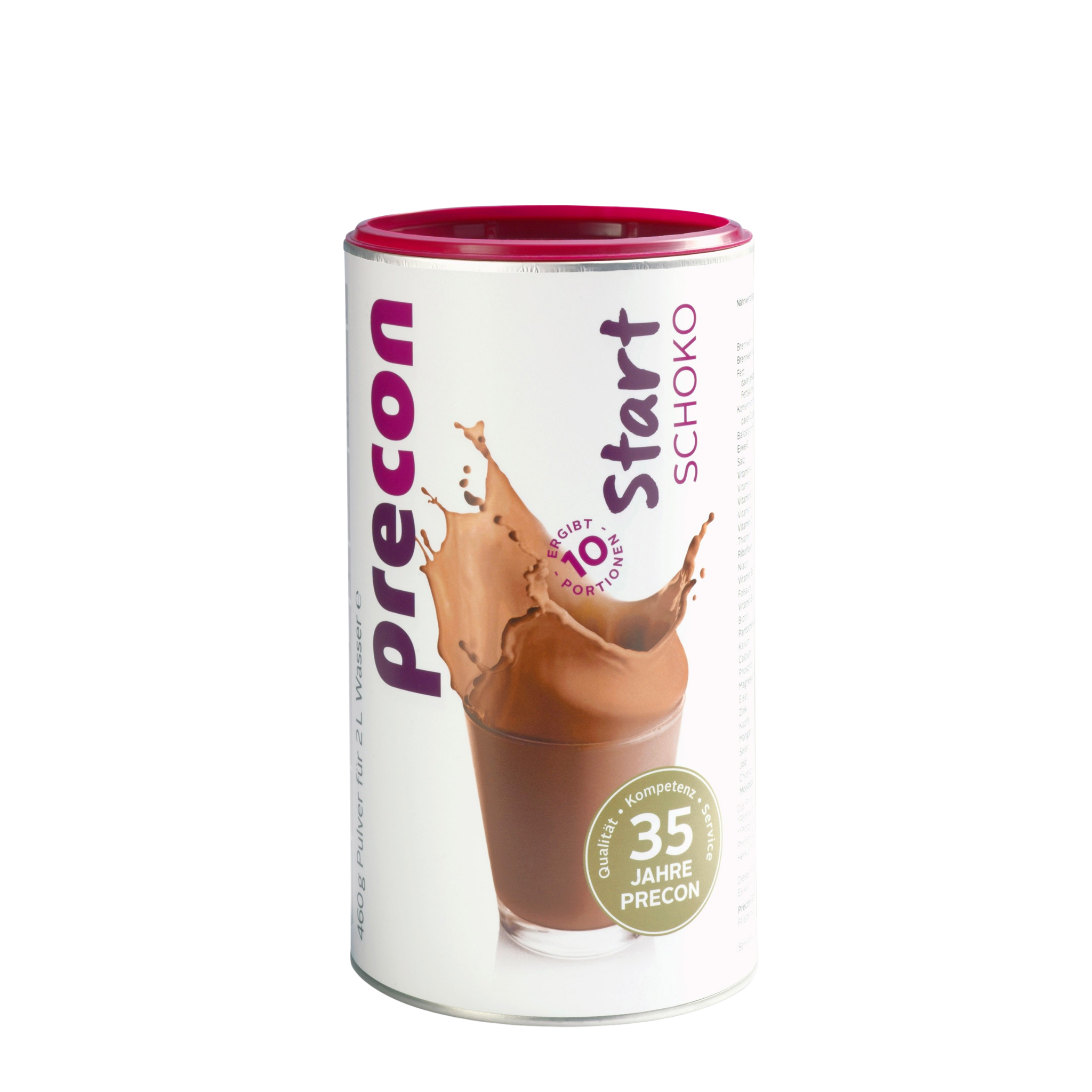 Eine Dose Precon Start Shake Schoko Mahlzeitenersatzpulver zeigt auf dem Etikett ein Glas Schoko-Shake mit Schokoladenstückchen daneben. Die deutsche Verpackung hebt "10 Portionen" und "35 Jahre Precon" hervor - ideal für Ihren Diätstart.