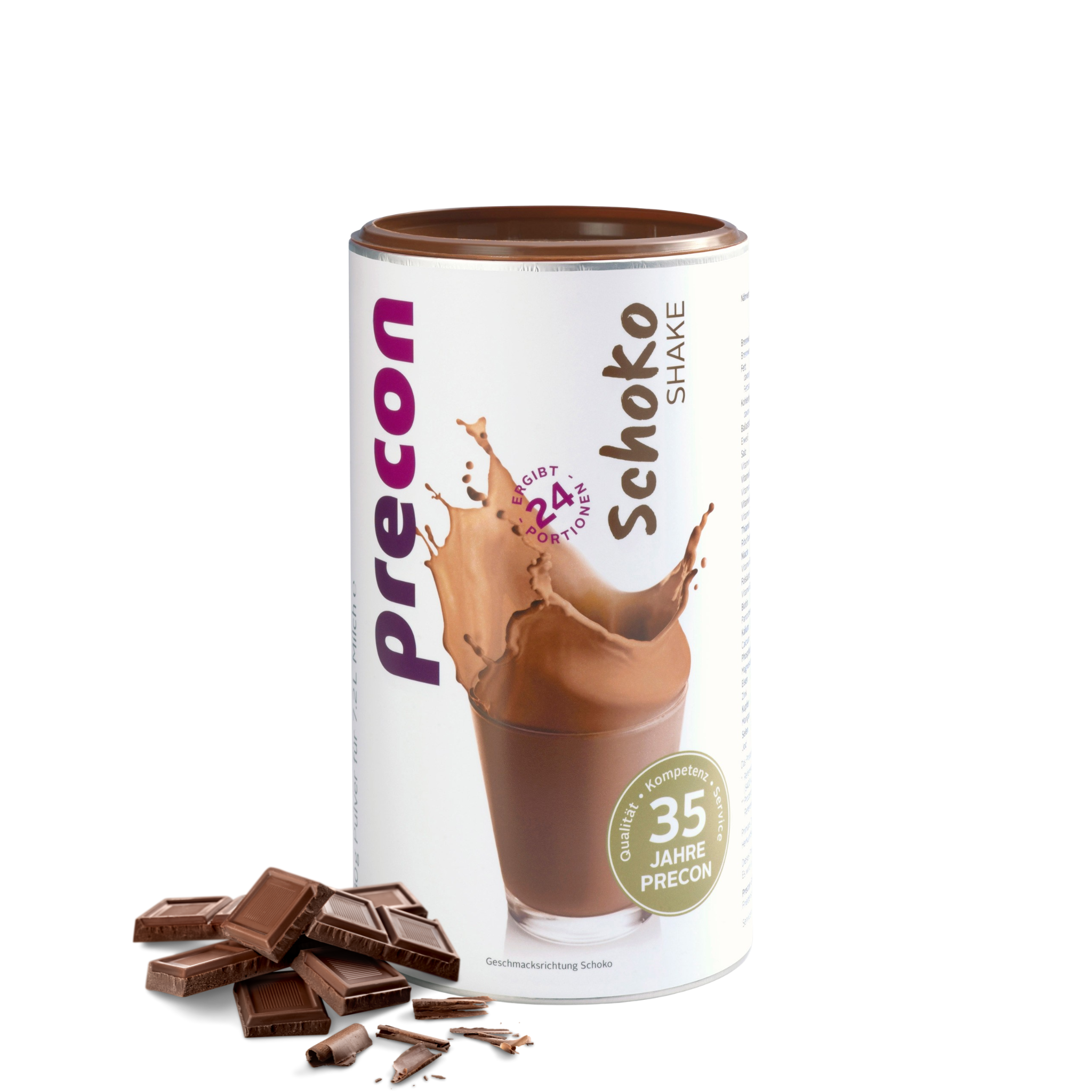 Eine Precon Schoko Shake Dose zeigt ein Glas cremigen Schokoladenshake mit einem Spritzer, daneben Schokoladenstückchen auf weißem Hintergrund - ein Hinweis auf diesen Mahlzeitenersatz zum Abnehmen.