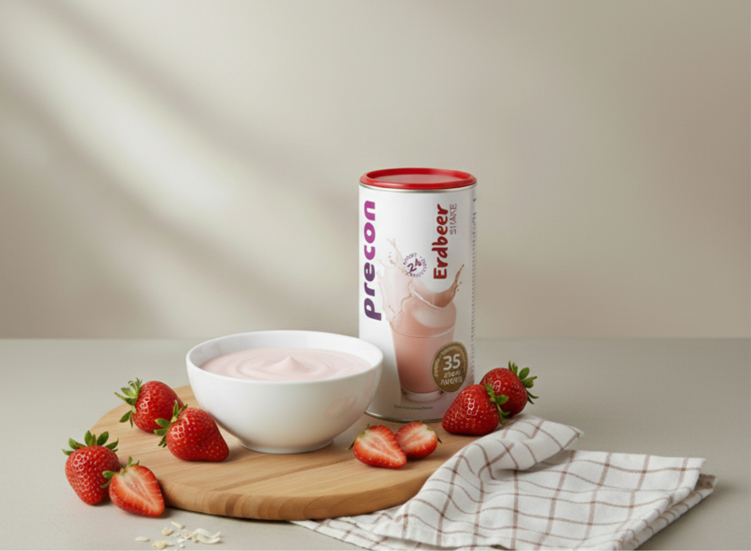 Ein Black Friday 4-Wochen-Paket von Precon steht neben einer Schale mit rosa Joghurt, umgeben von frischen Erdbeeren auf einem Holzbrett mit kariertem Tuch, alles auf einer hellen Arbeitsplatte arrangiert.