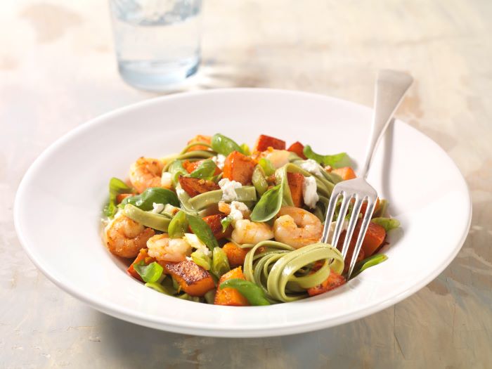 Pasta de calabaza y camarones