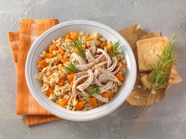 Pompoenrisotto met pulled chicken-topping