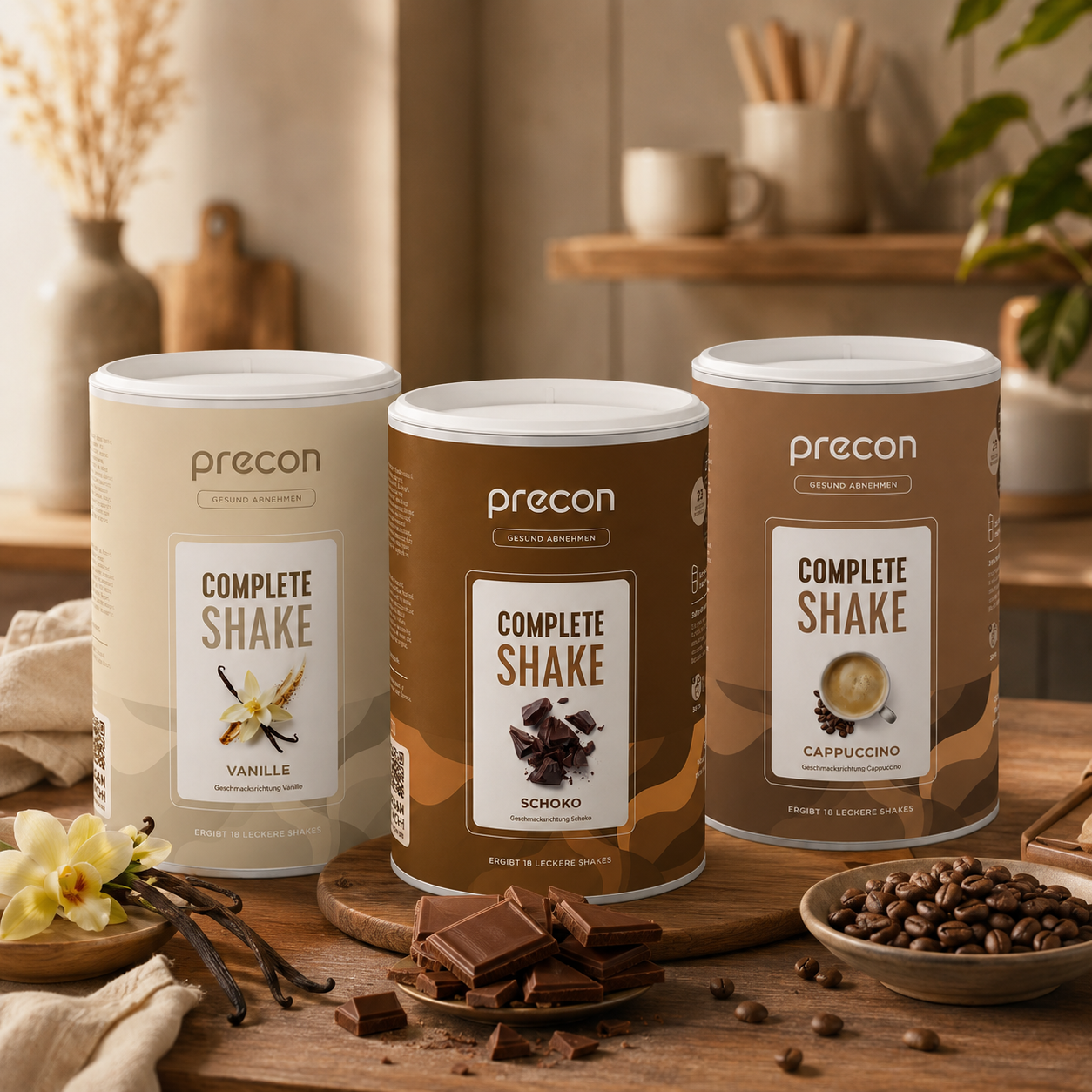 Drei „Precon Mix & Match Bundle“-Shake-Behälter – Vanille, Schokolade und Cappuccino – sind auf einem Tisch zusammen mit Vanilleblüten, Schokoladenstückchen und Kaffeebohnen zu sehen, vor dem Hintergrund einer gemütlichen, rustikalen Küche.