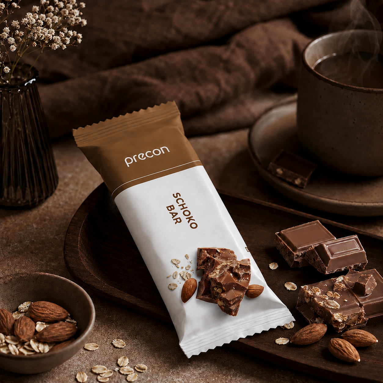 Ein Riegel aus dem Precon-Vorrats-Paket in seiner Verpackung liegt auf einem Tisch neben Schokoladenstückchen, Mandeln, Haferflocken, einer Tasse Kaffee und einer kleinen Vase mit weißen Blumen und sorgt so für eine warme und gemütliche Atmosphäre.