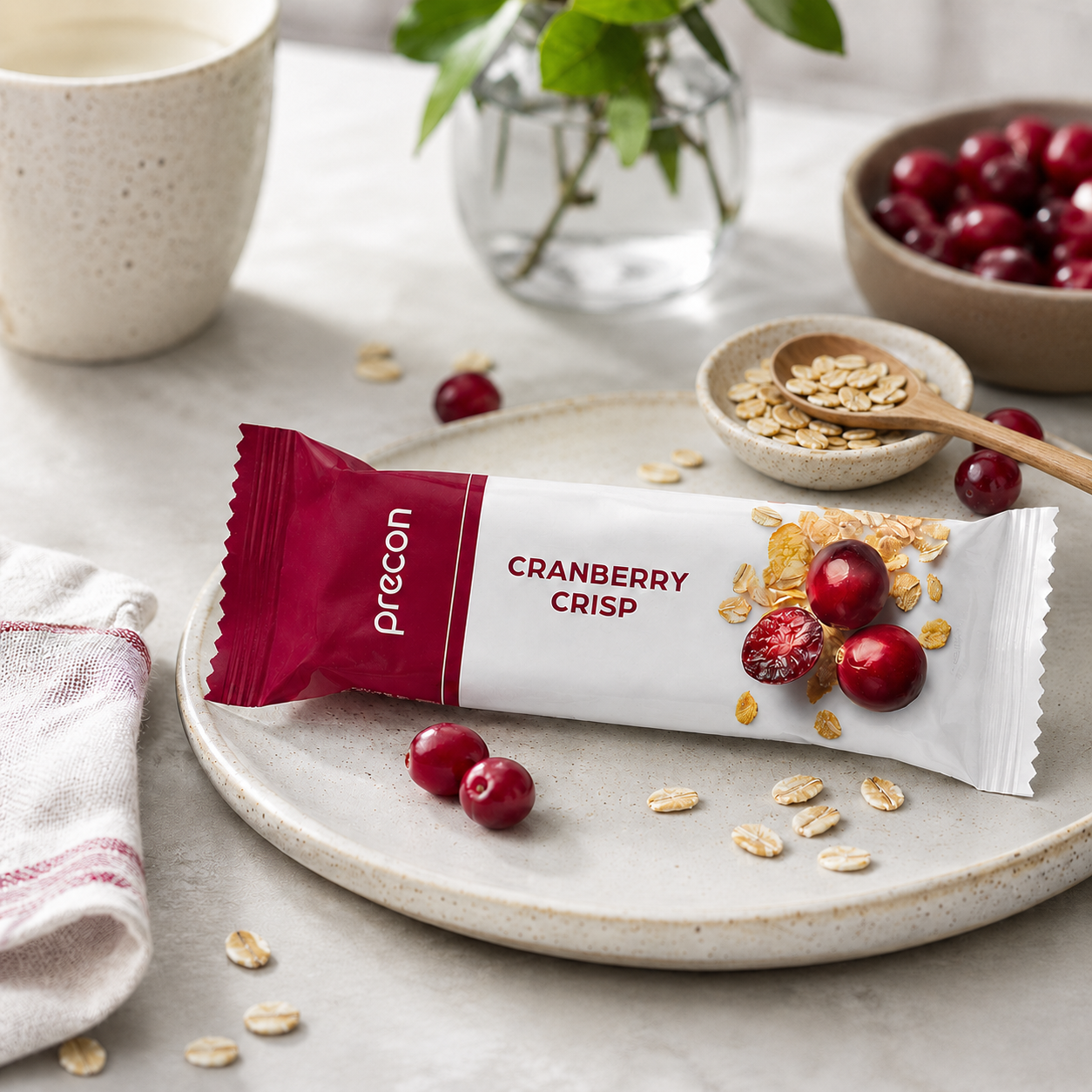 Ein (NEU) Riegel-Vorrats-Paket-Snackriegel von Precon liegt auf einem Teller mit Preiselbeeren und Haferflocken, daneben stehen eine Tasse, eine Schüssel mit Preiselbeeren, ein Holzlöffel mit Haferflocken und im Hintergrund eine Vase mit grünen Blättern.
