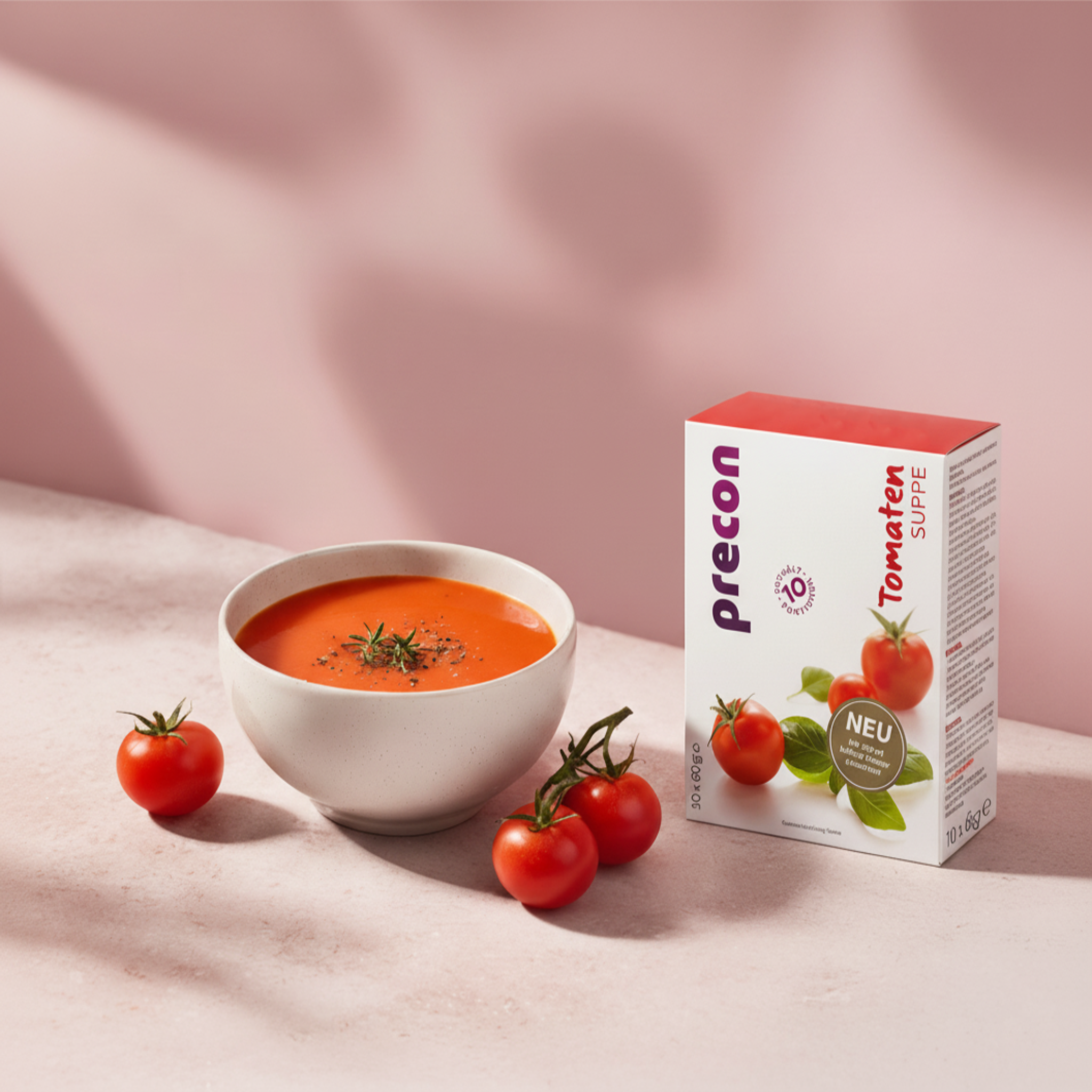 Eine weiße Schale mit Tomatensuppe, garniert mit Kräutern, steht neben frischen Tomaten und einer Precon-Tomatensuppenschachtel auf einer rosa Fläche mit sanfter Beleuchtung.