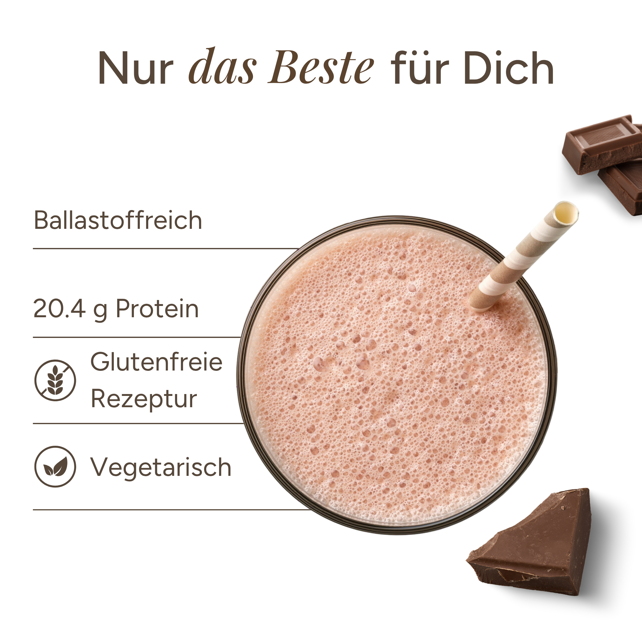 Ein Glas schaumiger „Start Shake Schoko“ von der Anona GmbH mit einem Strohhalm, umgeben von Schokoladenstückchen. Hervorgehobene Textstellen auf Deutsch: reich an Ballaststoffen, 20,4 g Protein, glutenfrei und vegetarisch. Darüber steht: Nur das Beste für dich.