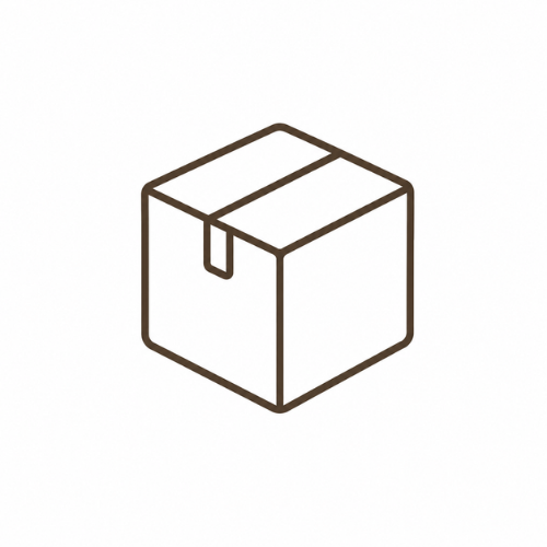 Minimalistische Strichzeichnung der „Precon Versandbox Einsteiger-Startpaket“, dargestellt in geschlossenem Zustand und mit braunem Klebeband auf weißem Hintergrund versiegelt. Ideal für alle grundlegenden Versandanforderungen.