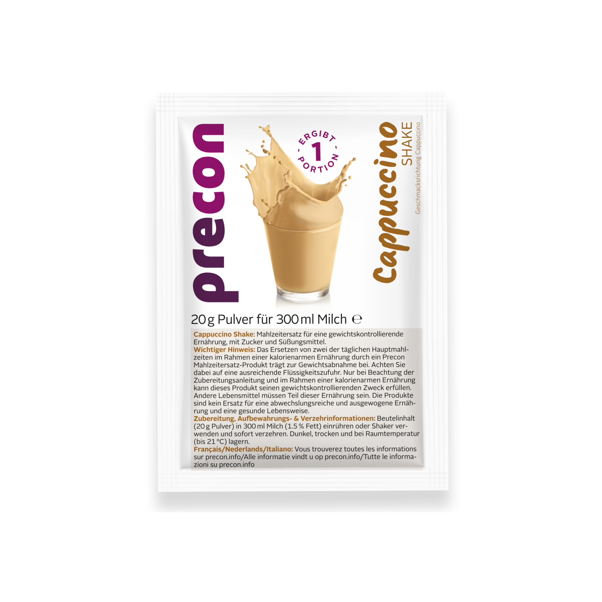 Das Precon-Paket: Der Cappuccino-Shake im Beutel präsentiert sich mit einem Bild, das einen cremigen Cappuccino im Glas zeigt. Auf der deutschsprachigen Verpackung finden sich Angaben zu den Nährwerten sowie Zubereitungshinweise für diesen köstlichen Mahlzeitenersatz – ideal zur Unterstützung bei der Gewichtsabnahme.