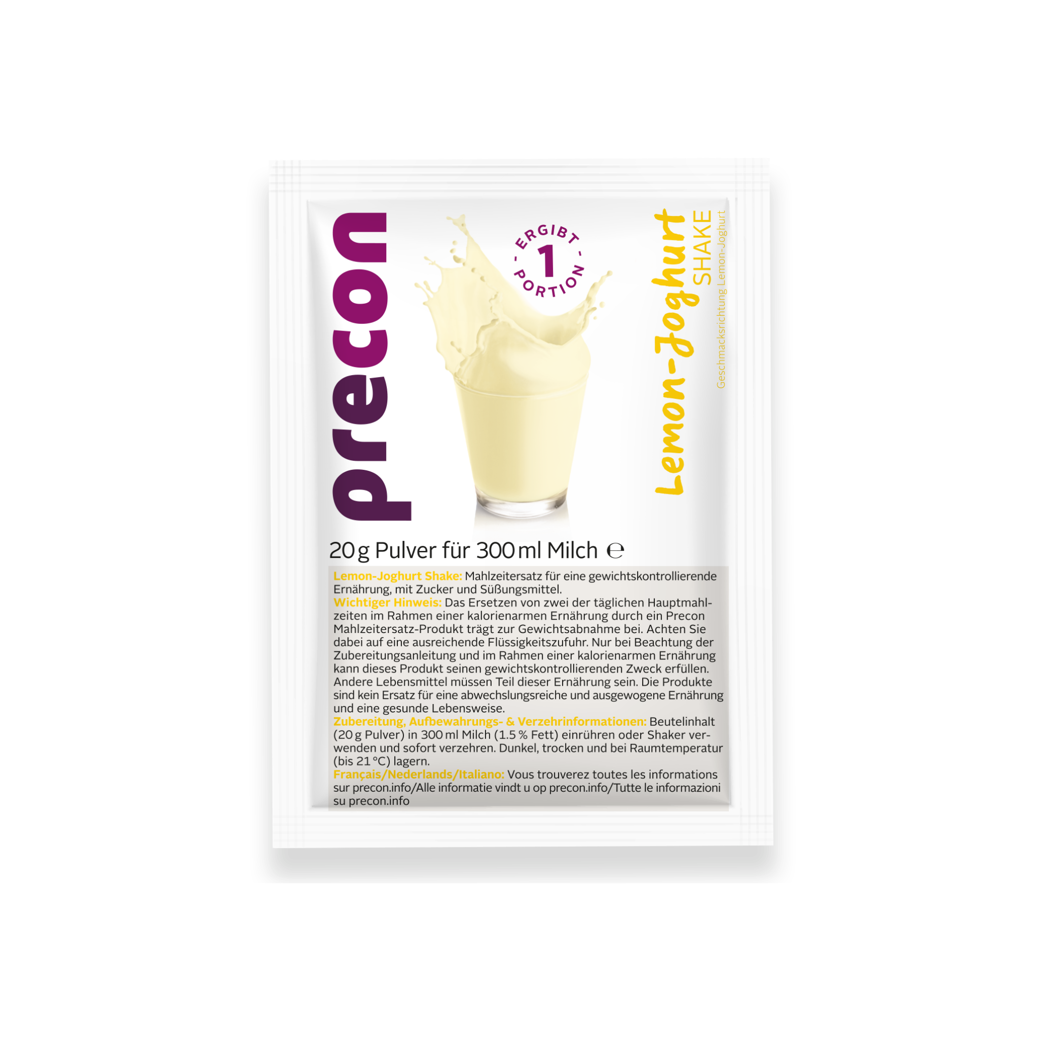 A-Paket: Beutel mit Zitronen-Joghurt-Shake von Precon, portioniert für eine Portion und zum Anrühren mit 300 ml Milch vorgesehen. Auf der Vorderseite ist ein mit dem gelben Shake gefülltes Glas abgebildet, daneben befinden sich die Nährwertangaben auf Deutsch. Dieser Zitronen-Joghurt-Shake eignet sich ideal als Mahlzeitenersatz und unterstützt Ihre Diät zur Gewichtsabnahme.