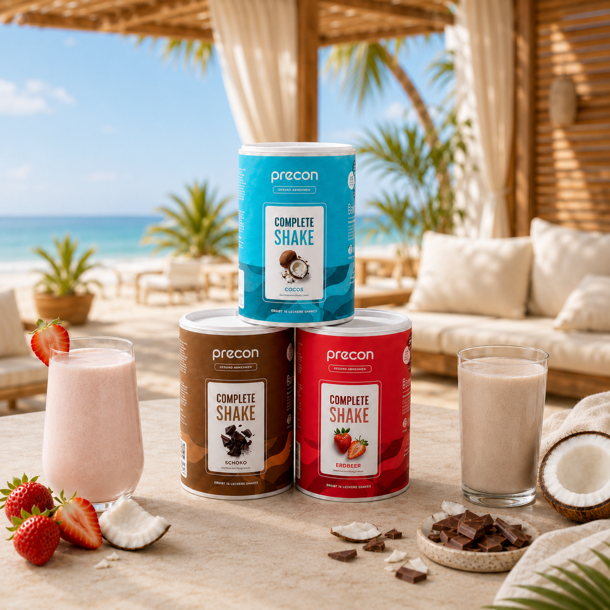 Drei „Precon Mix & Match“-Pakete mit Cocos-Behältern (Kakao, Schokolade, Erdbeere), gestapelt auf einem Tisch am Strand, dazu passende Shakes, frisches Obst, Kokosnuss und Schokolade, vor einer sonnigen tropischen Kulisse mit Liegestühlen.
