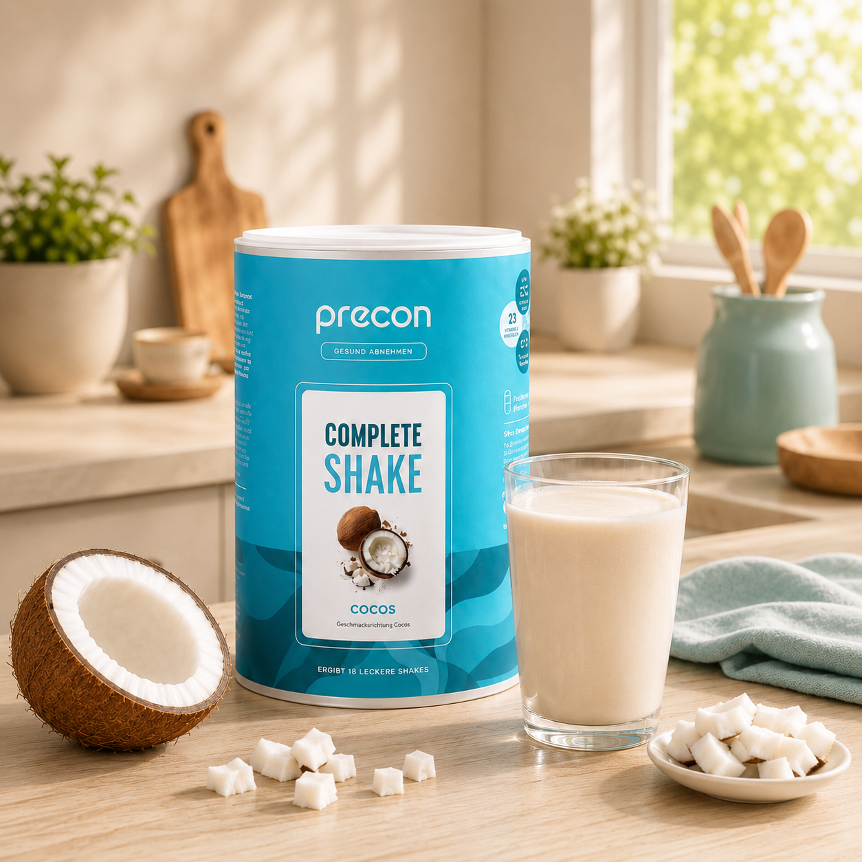 Auf einer Küchenarbeitsplatte steht eine Packung „Precon Mix & Match Bundle mit Cocos“ neben einem Glas mit einem bereits zubereiteten Shake, frischen Kokosnusshälften und Kokosnusswürfeln. Sonnenlicht strömt durch das Fenster herein und taucht die aufgeräumte und gemütliche Kulisse in helles Licht.