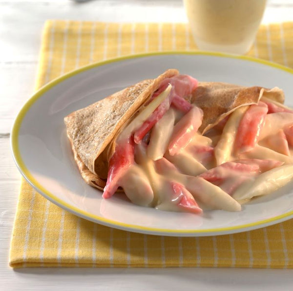 Volkorenpannenkoeken met rabarber, asperges en smoothie als dessert